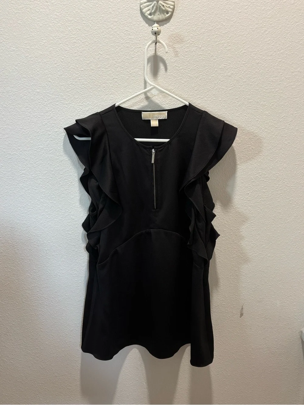 Michael Kors Black Ruffle Sleeve Zip-Front Blouse